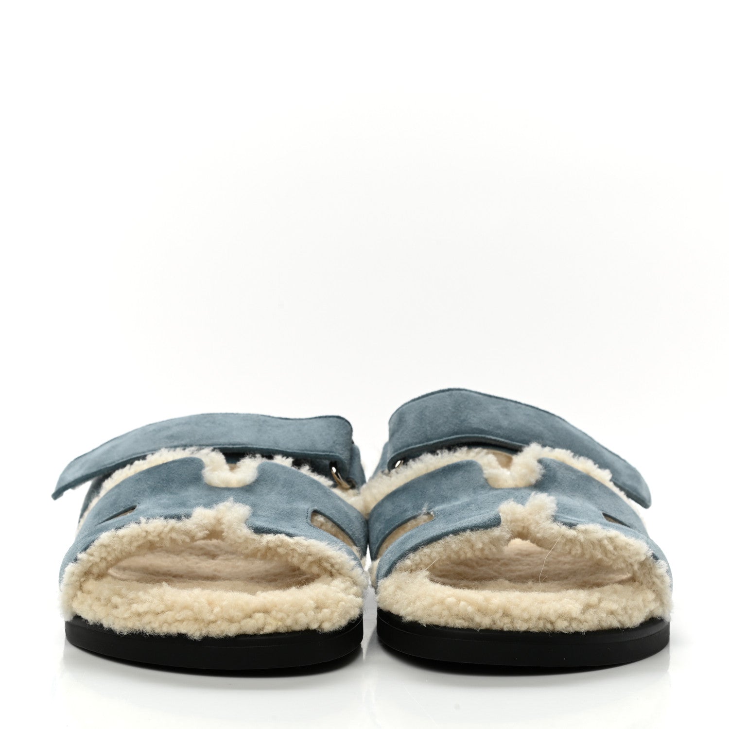 Hermes Suede Goatskin Woolskin Womens Chypre Sandals 37 Bleu Pinede Ecru 2 of 8
