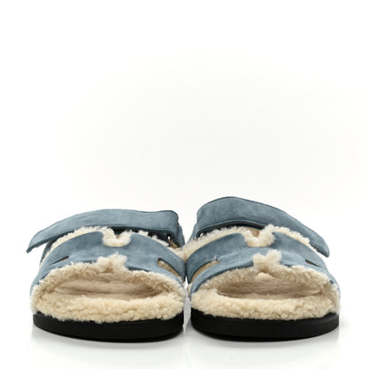 Hermes Suede Goatskin Woolskin Womens Chypre Sandals 37 Bleu Pinede Ecru 2 of 8