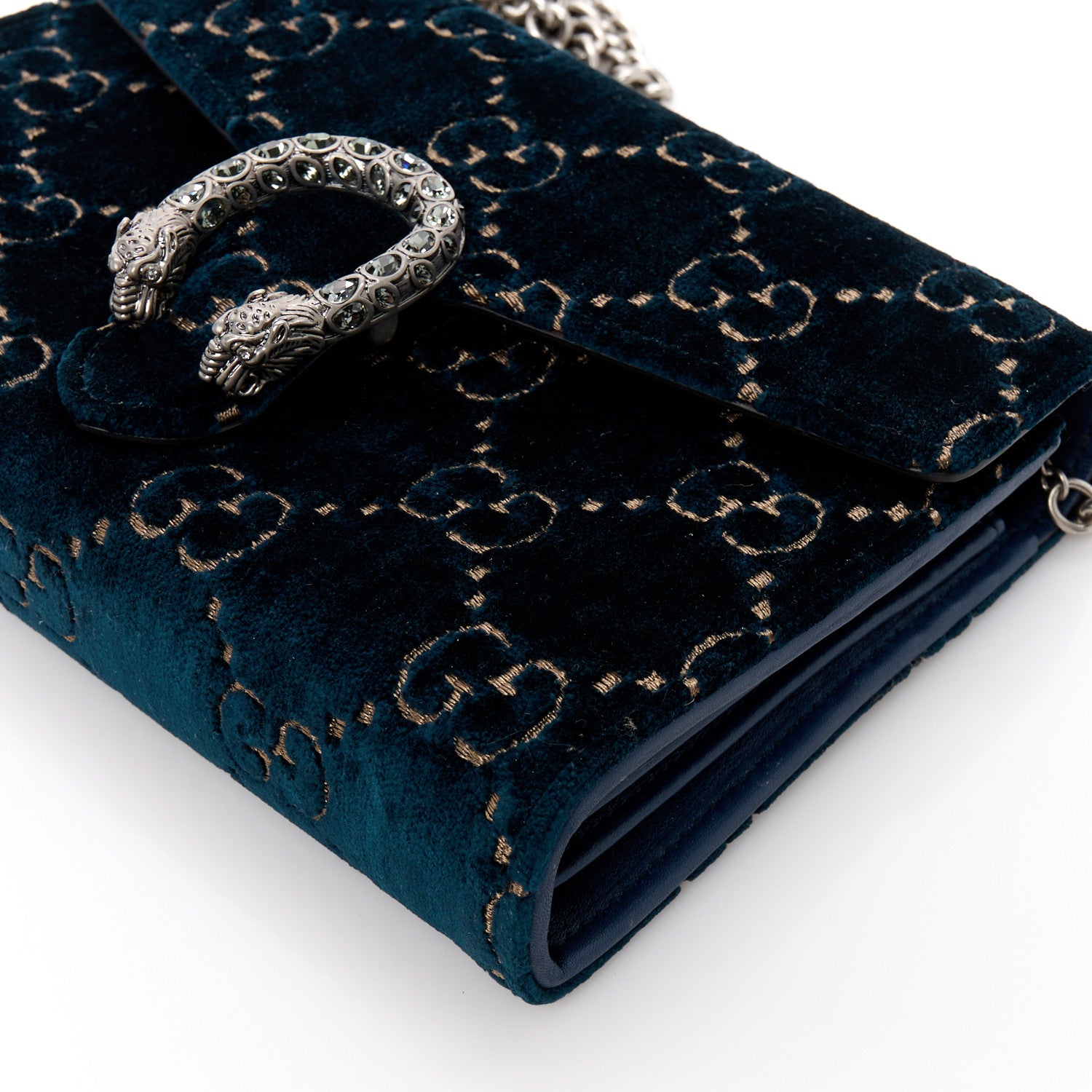 Gucci Velvet Crystal GG Monogram Mini Dionysus Chain Wallet Blue Beige Black 10 of 10