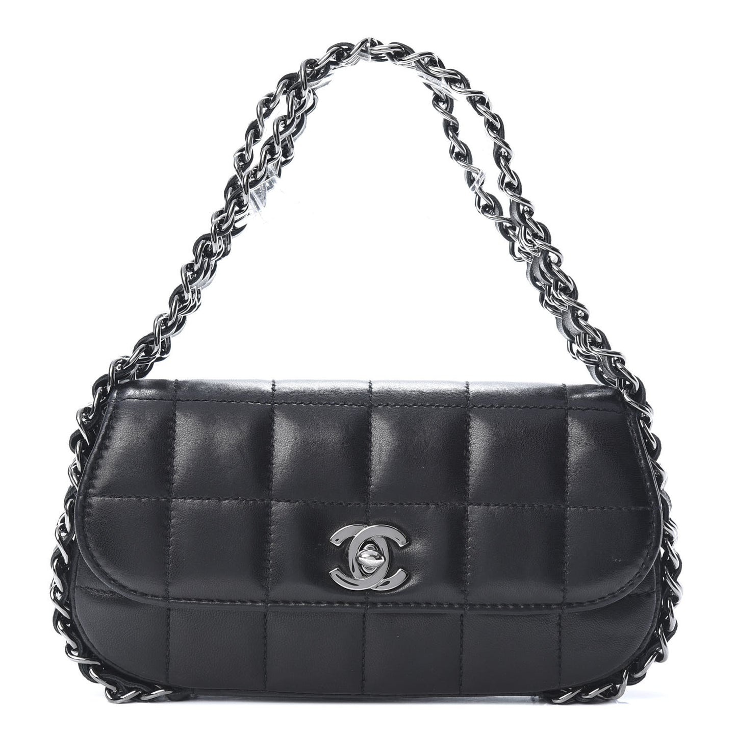 Lambskin Quilted Chocolate Bar 3 Chain Flap Black