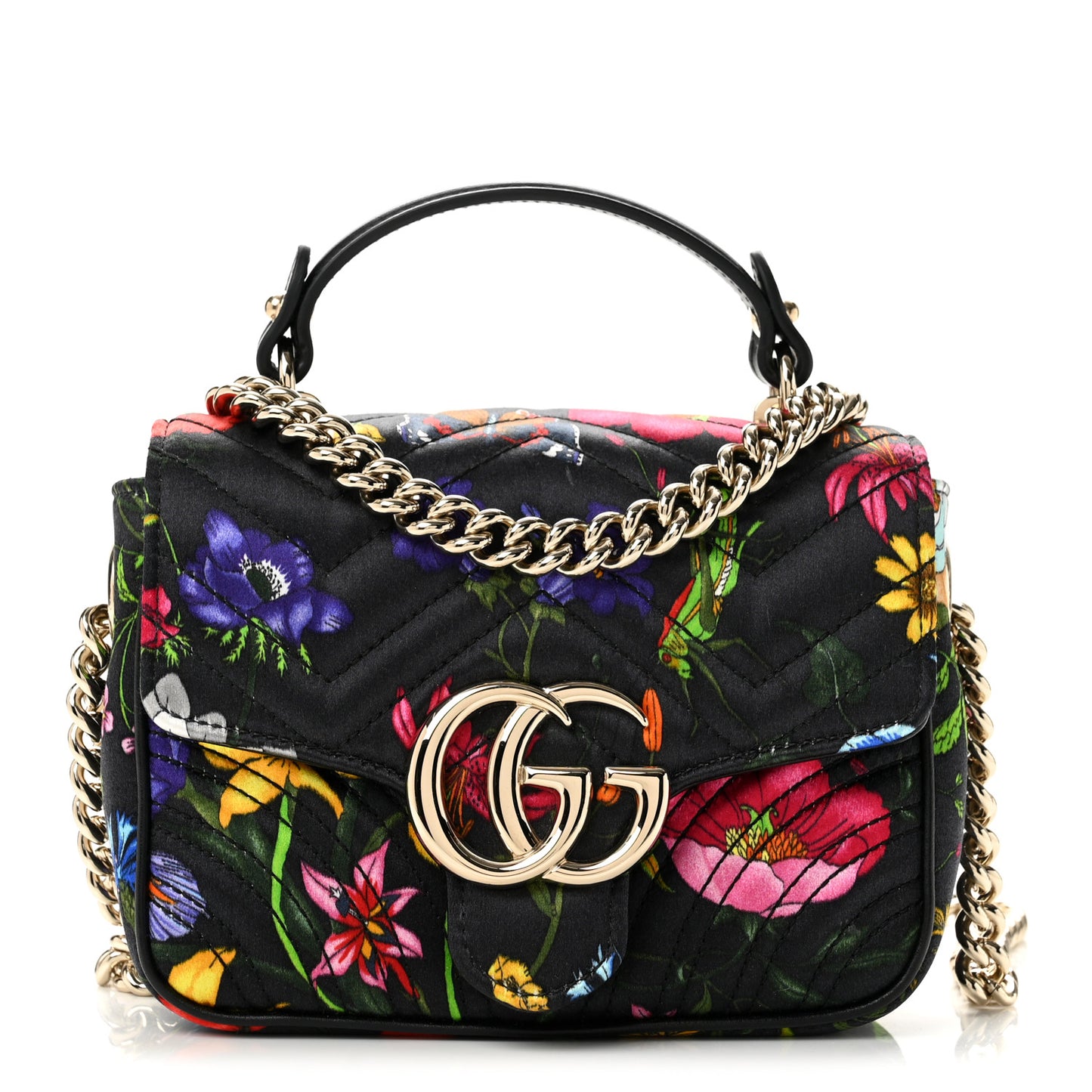 Silk Matelasse Floral Mini GG Marmont Top Handle Bag Black
