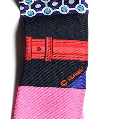 Hermes Silk Clic Clac Modern Cannage Fringed Twilly Rose Vif Bleu Rouge 3 of 4