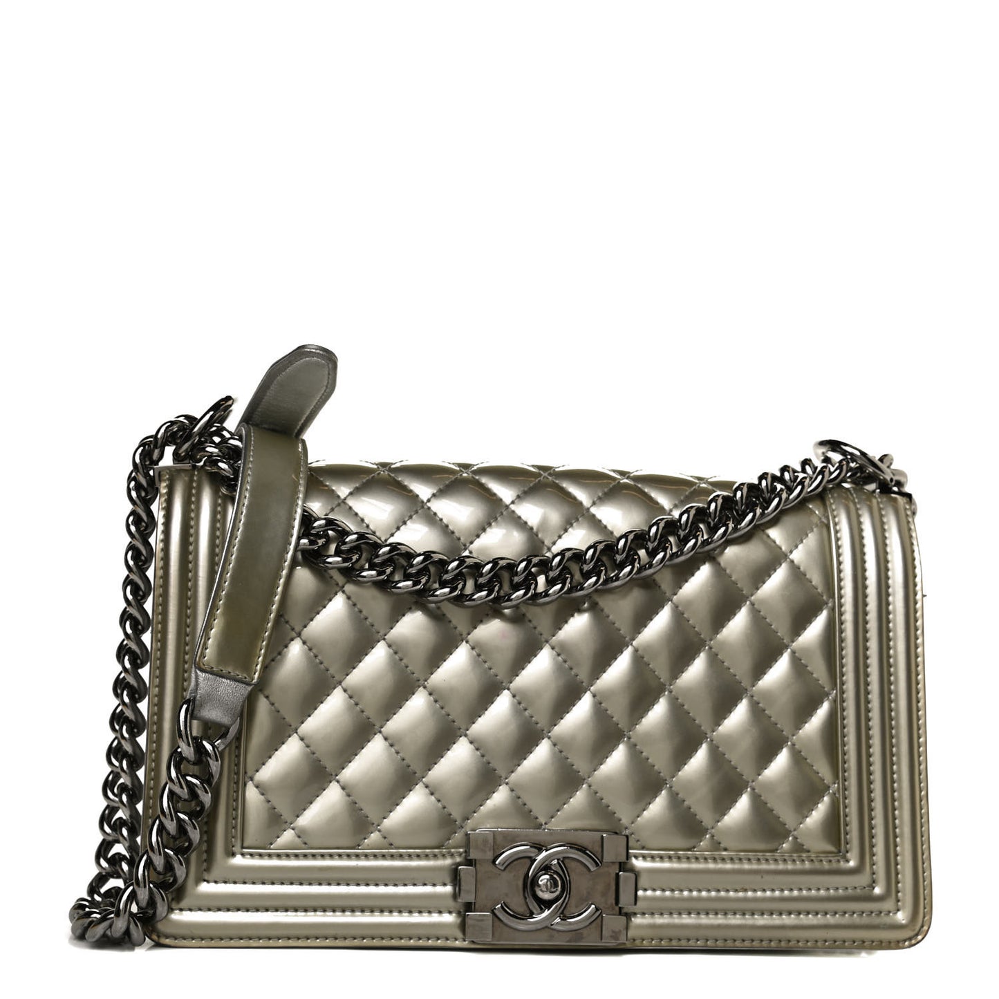 Metallic Patent Calfskin Quilted Medium Boy Flap Silver