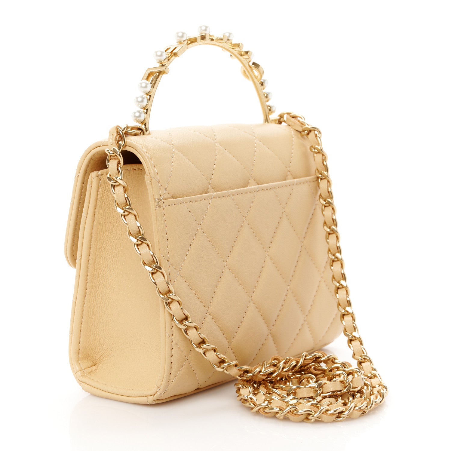 Chanel Lambskin Quilted Pearl Top Handle Flap With Chain Beige