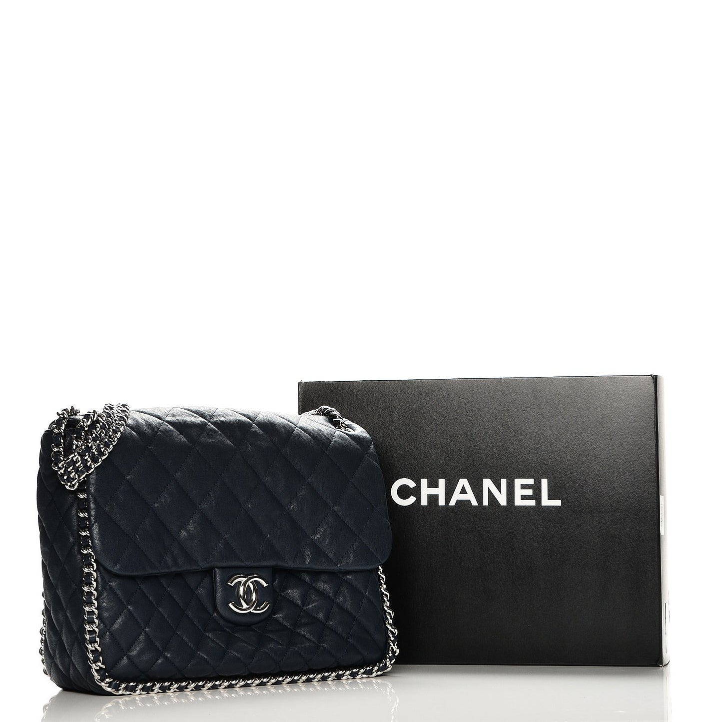 Washed Lambskin Quilted Chain Around Maxi Flap Dark Navy Blue