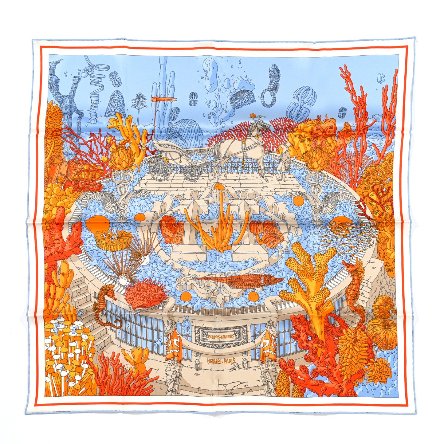 Vintage Silk Ex Libris Atlantis Scarf 70 Ciel Orange Mastic