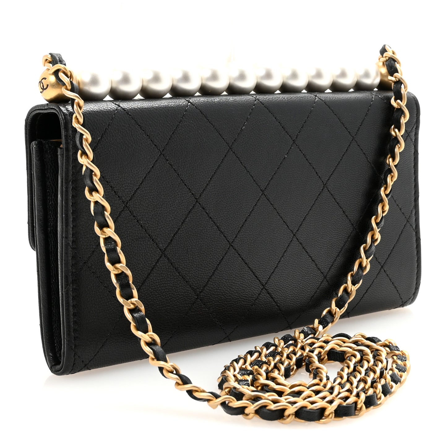 Goatskin Quilted Chic Pearls Clutch With Chain Black
