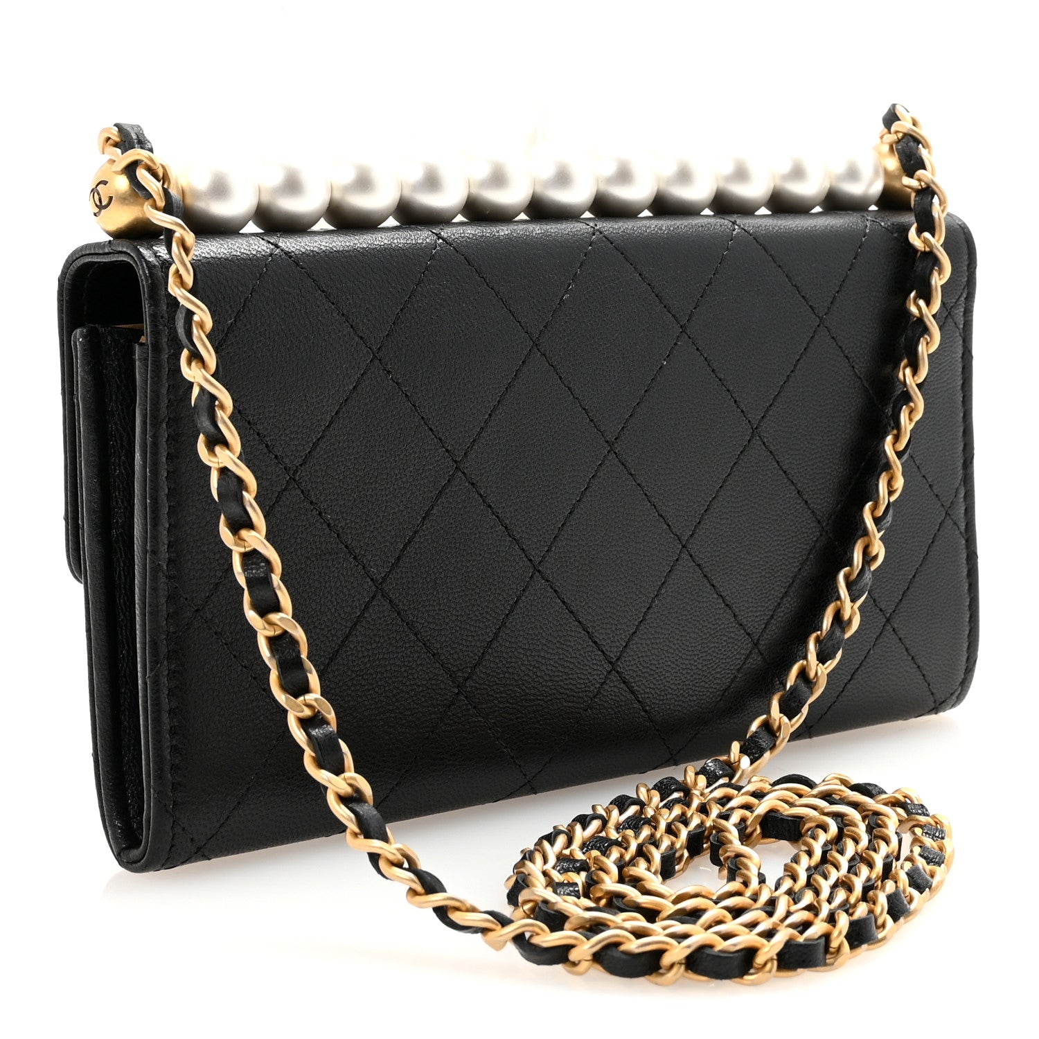 Chanel Goatskin Quilted Chic Pearls Clutch With Chain Black 3 of 12