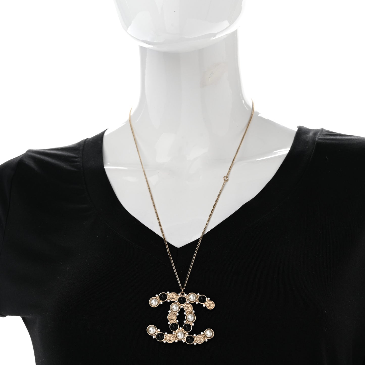 Crystal Pearl CC Chain Necklace Gold Black