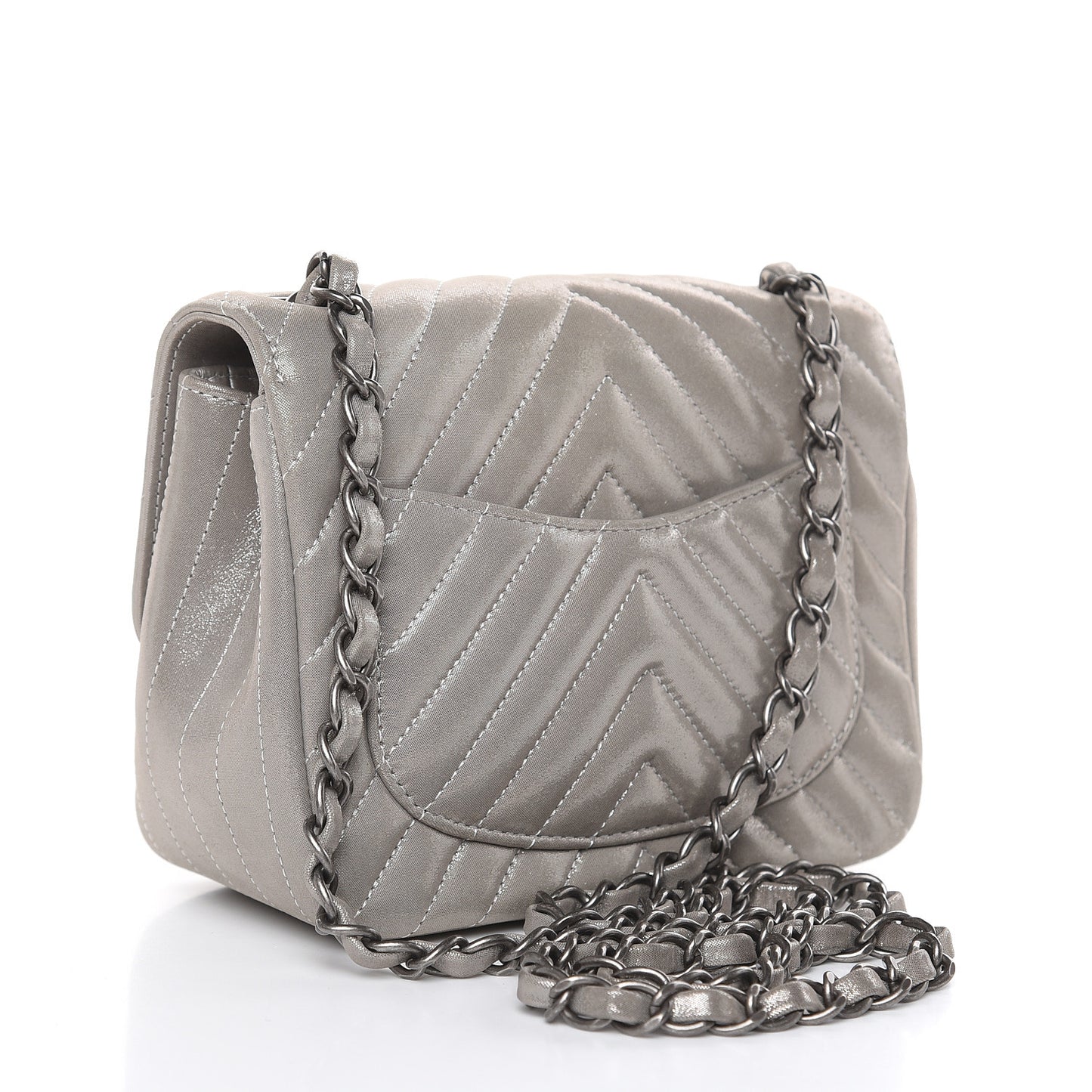 Iridescent Calfskin Chevron Quilted Mini Square Flap Silver