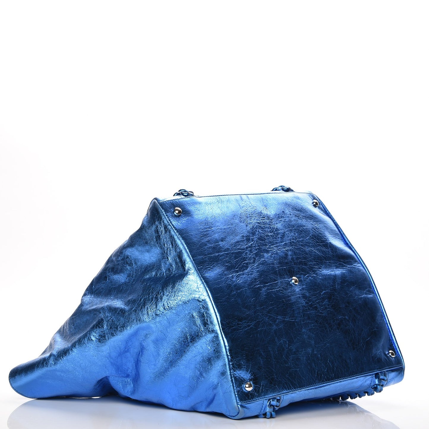 Metallic Cracked Calfskin Modern Chain Tote Blue