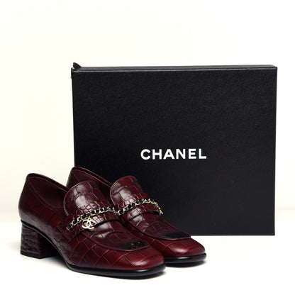 Chanel Crocodile Embossed Calfskin CC Chain Mocassin Loafers 38.5 Burgundy Black 12 of 12