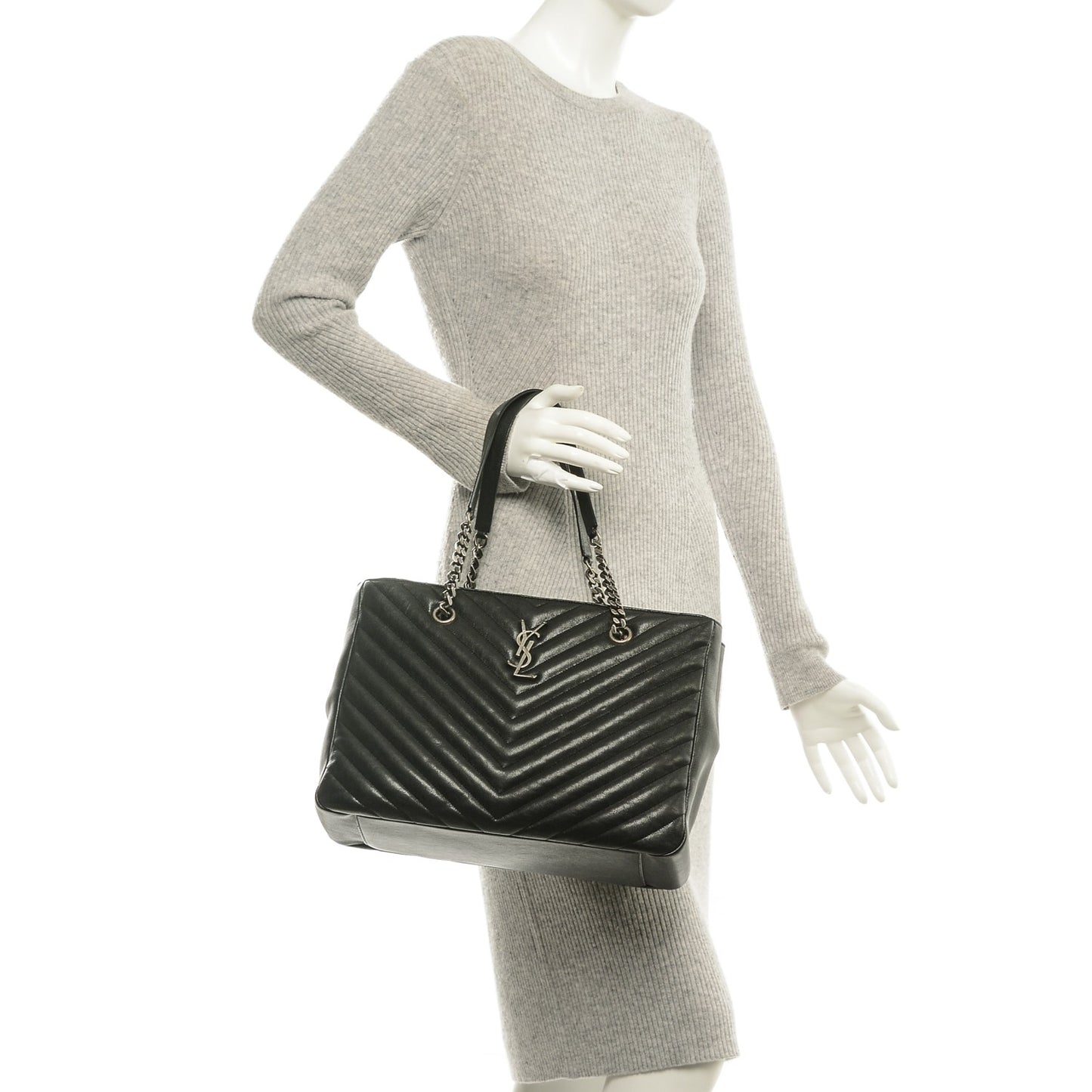 Sheepskin Matelasse Chevron Large Monogram Shopping Bag Black