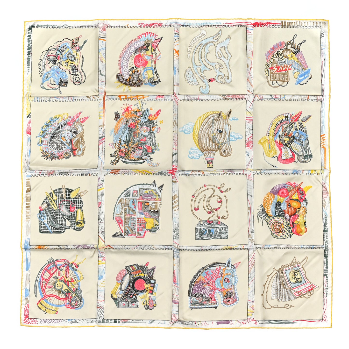 Silk Chevaloscope Scarf 90 White Bleu Multicolor