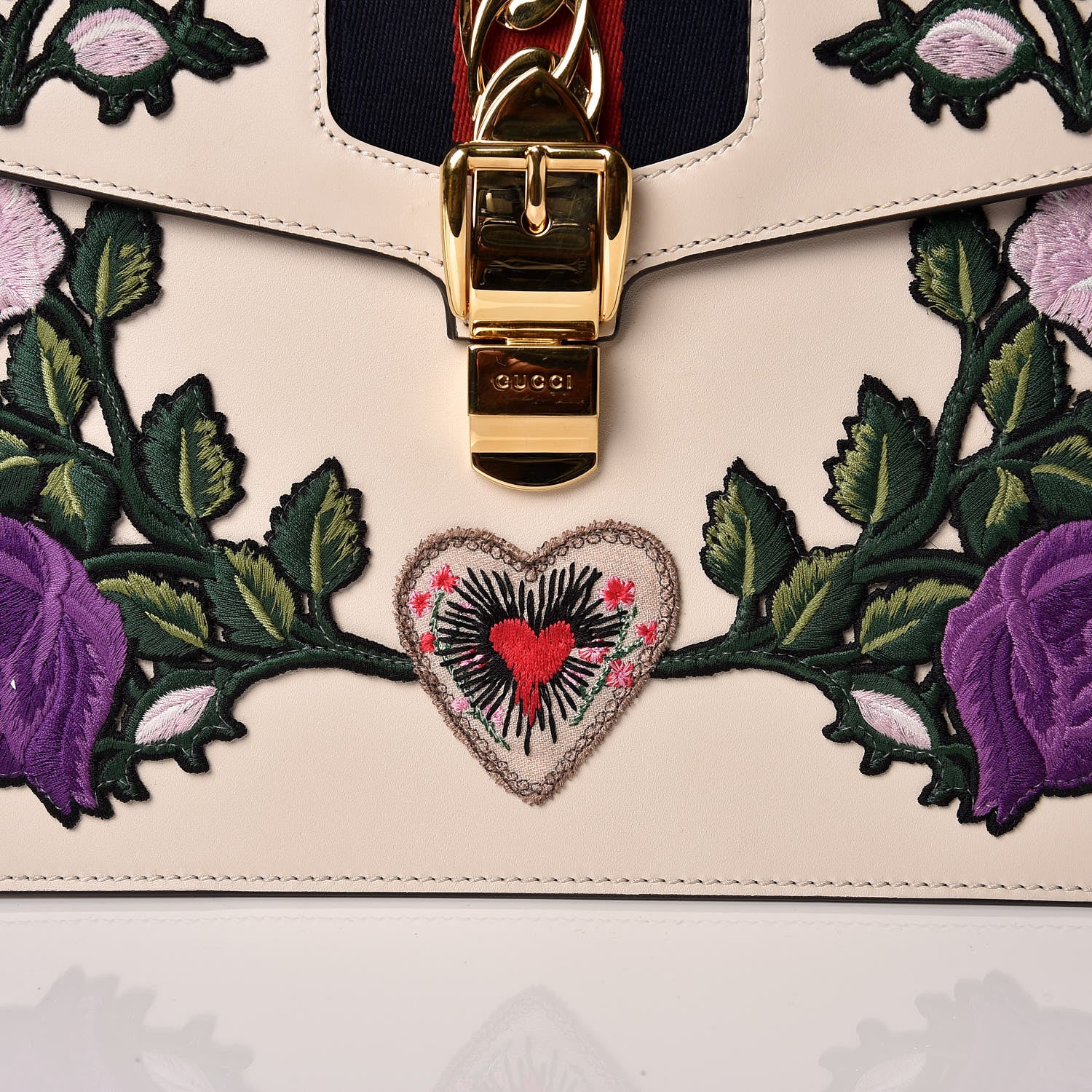 Gucci Calfskin Embroidered Medium Sylvie Top Handle Bag White 16 of 21