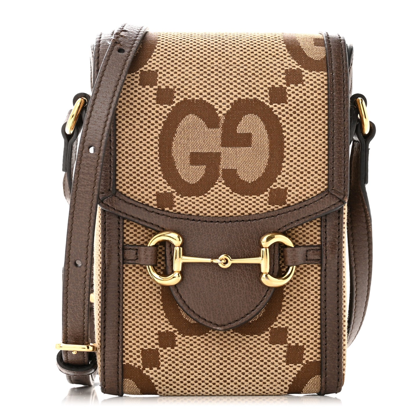 Monogram Jumbo GG Textured Dollar Calfskin Mini Horsebit 1955 Crossbody Bag Camel Ebony New Acero