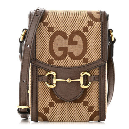 Gucci Monogram Jumbo GG Textured Dollar Calfskin Mini Horsebit 1955 Crossbody Bag Camel Ebony New Acero 1 of 12