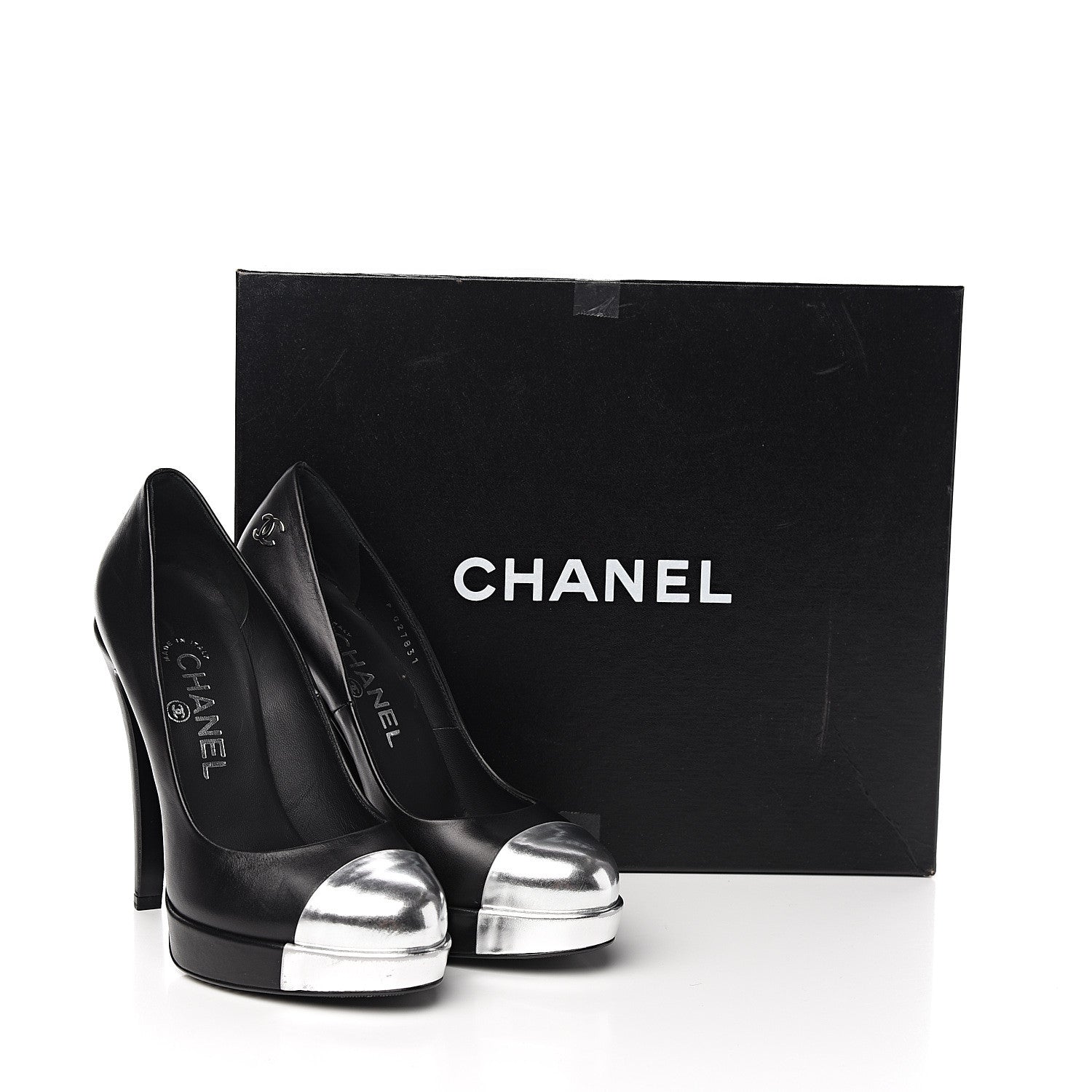 Chanel Calfskin Cap Toe CC Pumps 36.5 Black Silver 9 of 9