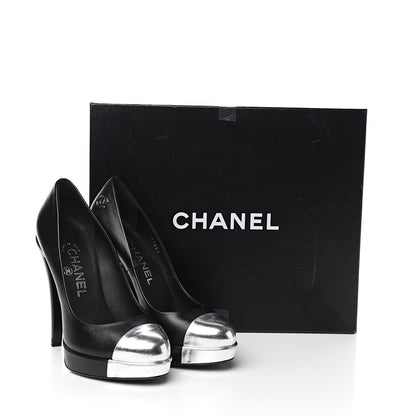 Chanel Calfskin Cap Toe CC Pumps 36.5 Black Silver 9 of 9
