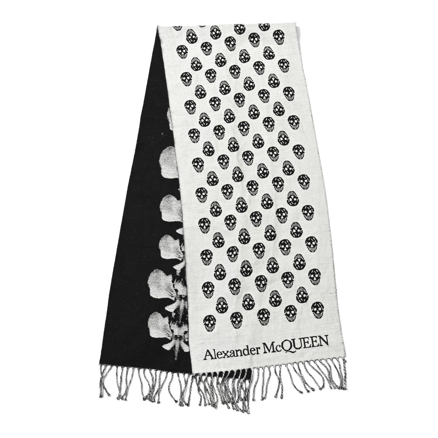Alexander McQueen Wool Reversible Upside Down Skull Orchid Scarf Black Ivory 2 of 6