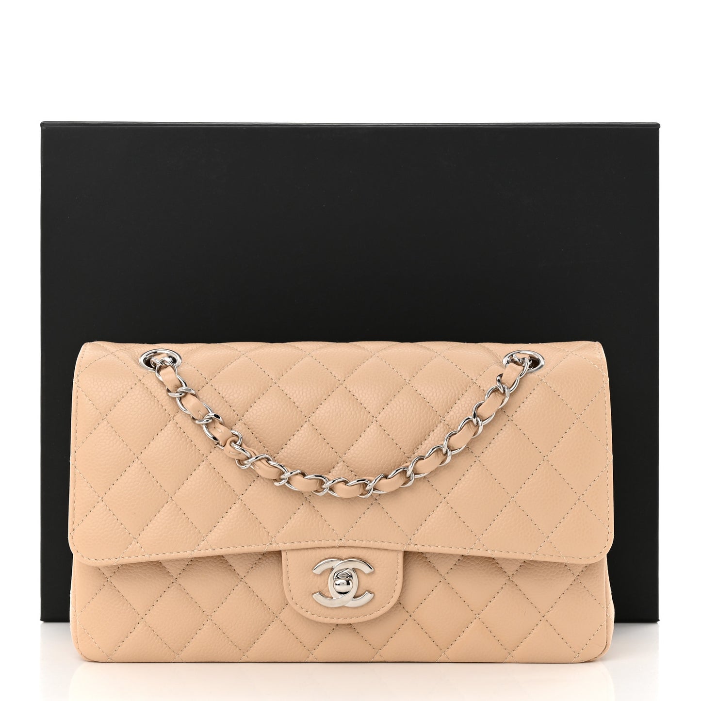 Caviar Quilted Medium Double Flap Beige