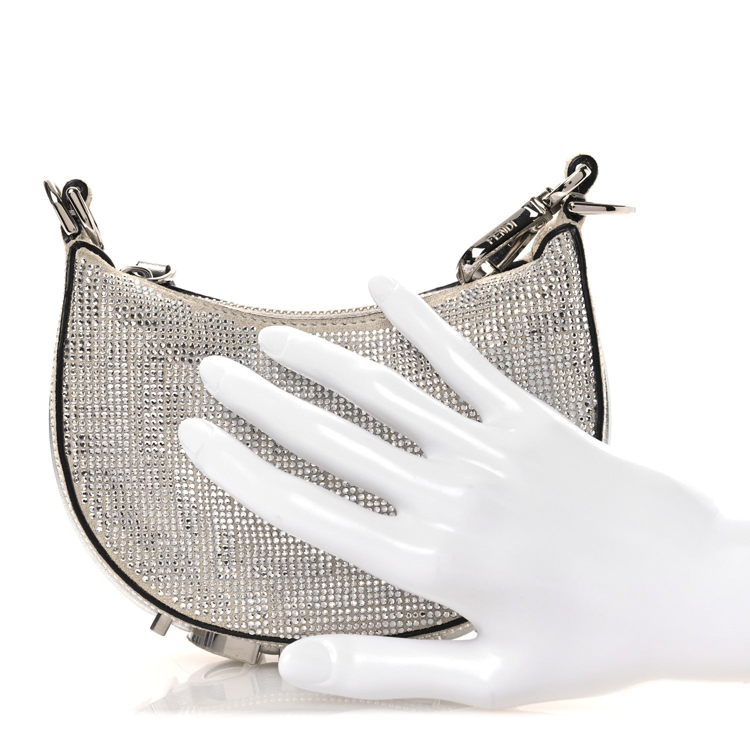 Fendi Crystal Vitello Laminato Suede FF Nano Fendigraphy Hobo Charm Grey 2 of 11