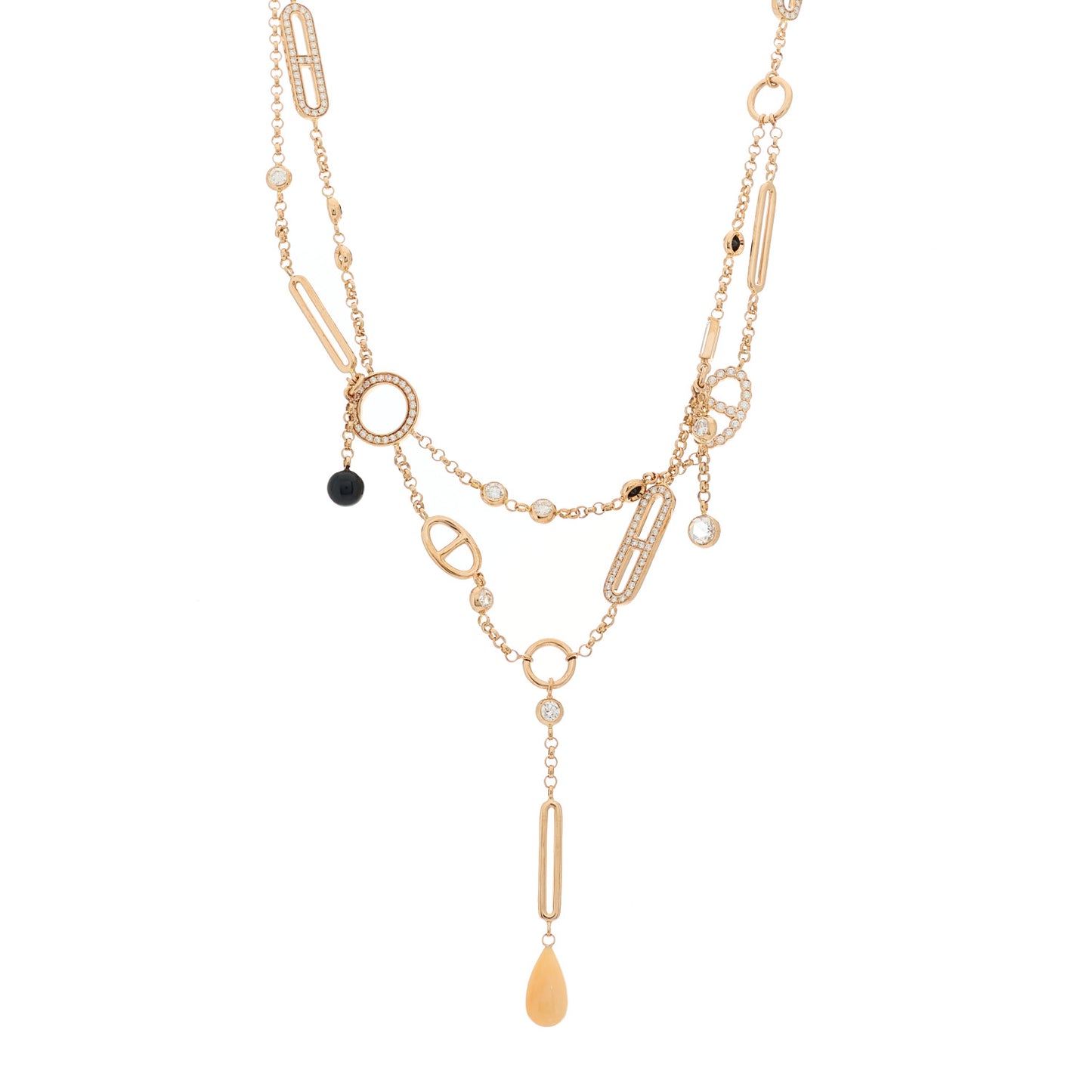 18K Rose Gold Diamond Pink Opal Black Jade Chaine d'Ancre Chaos Necklace