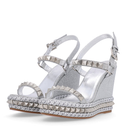 Christian Louboutin Glitter Nappa Mica Pyraclou 110 Wedge Sandals 38 Silver 4 of 9
