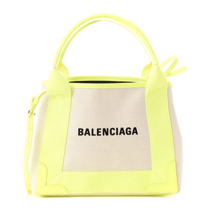 Balenciaga Cotton Canvas Satin Calfskin Navy Cabas XS Natural Fluo Yellow 1 of 9