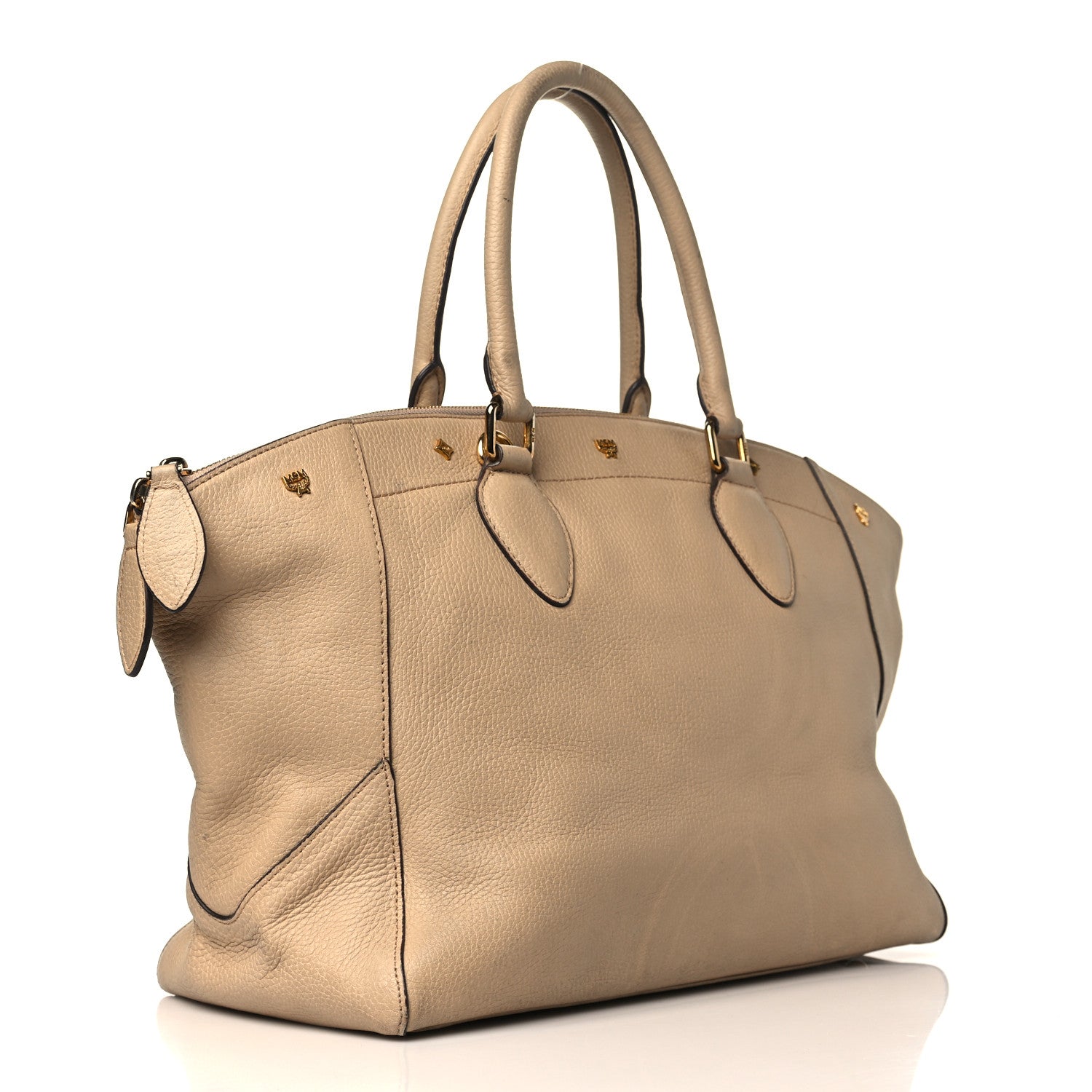 MCM Grained Calfskin Studded Satchel Beige 3 of 12
