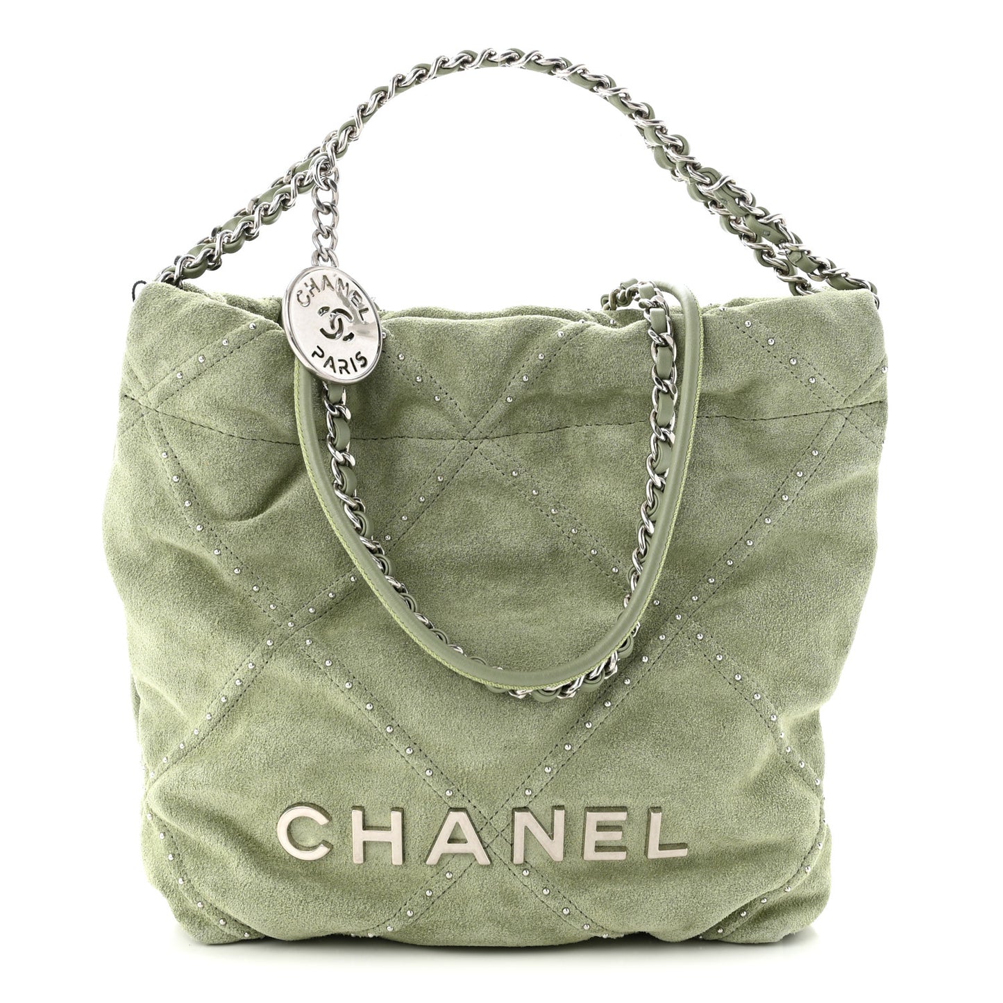 Suede Stitched Quilted Studded Mini Chanel 22 Light Green