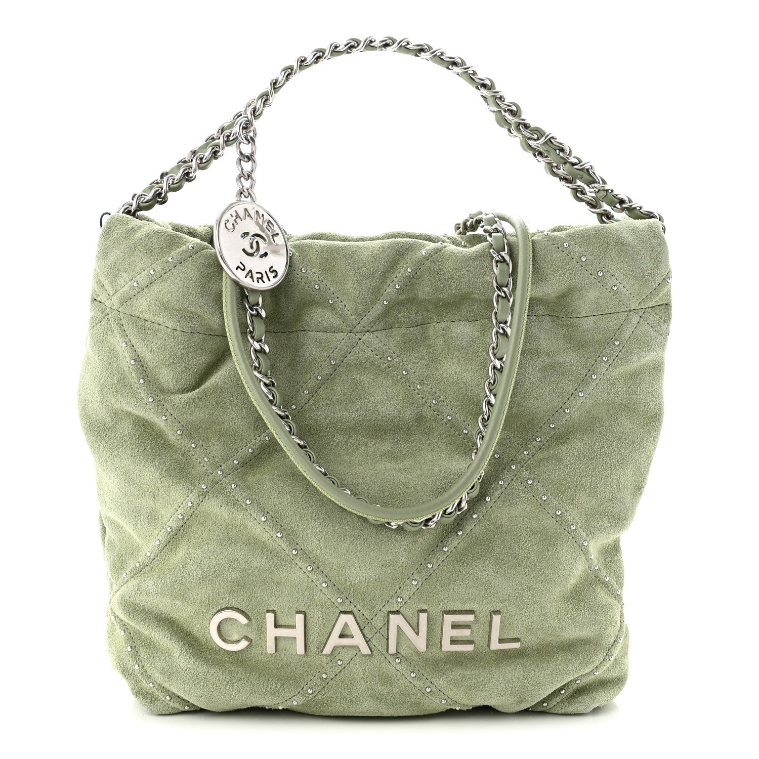 Chanel Suede Stitched Quilted Studded Mini Chanel 22 Light Green 1 of 10