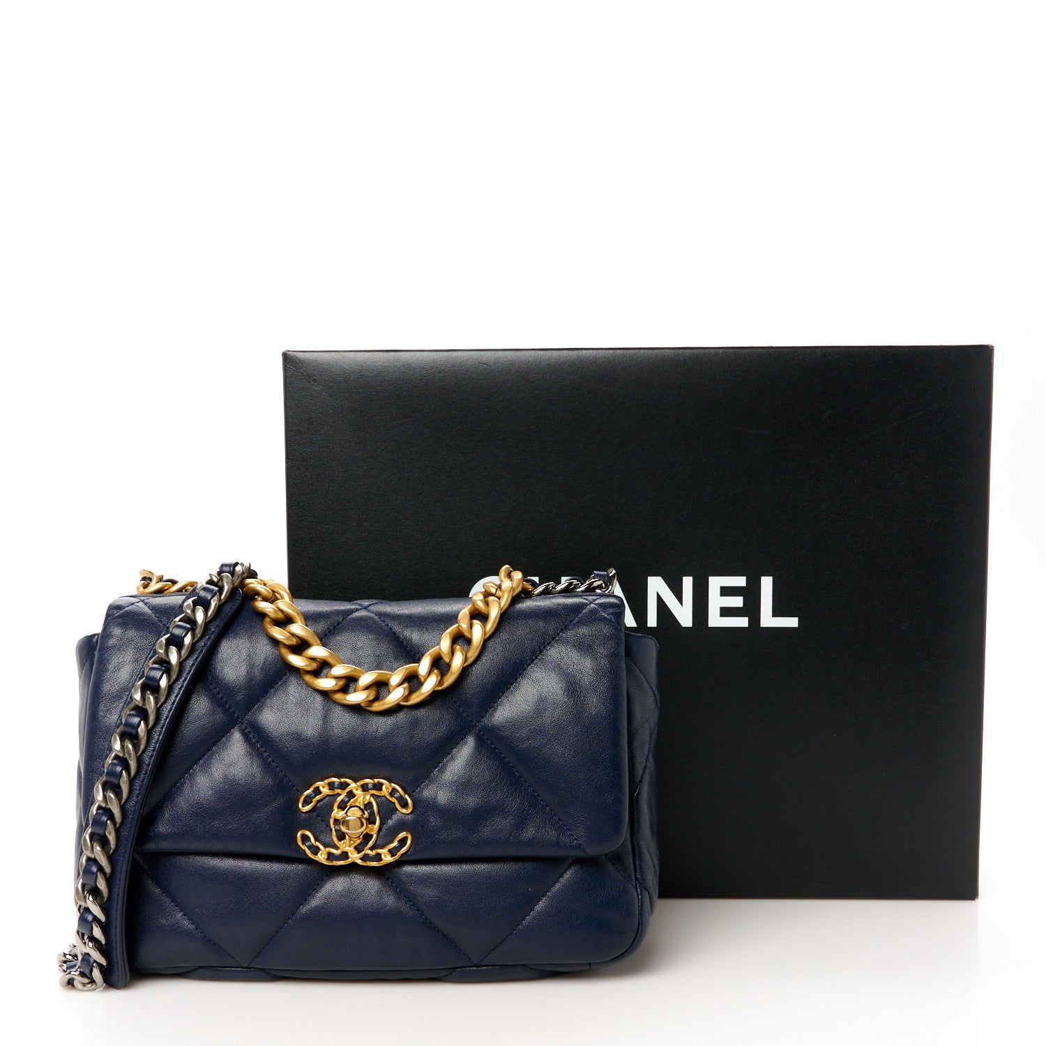 Chanel Goatskin Quilted Medium Chanel 19 Flap Navy Blue 1651405