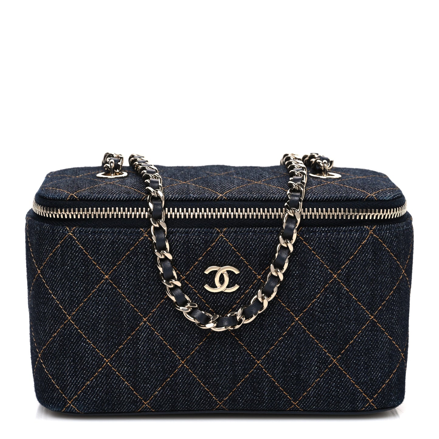 Denim Quilted Small Vanity Case With Chain Dark Blue Orange