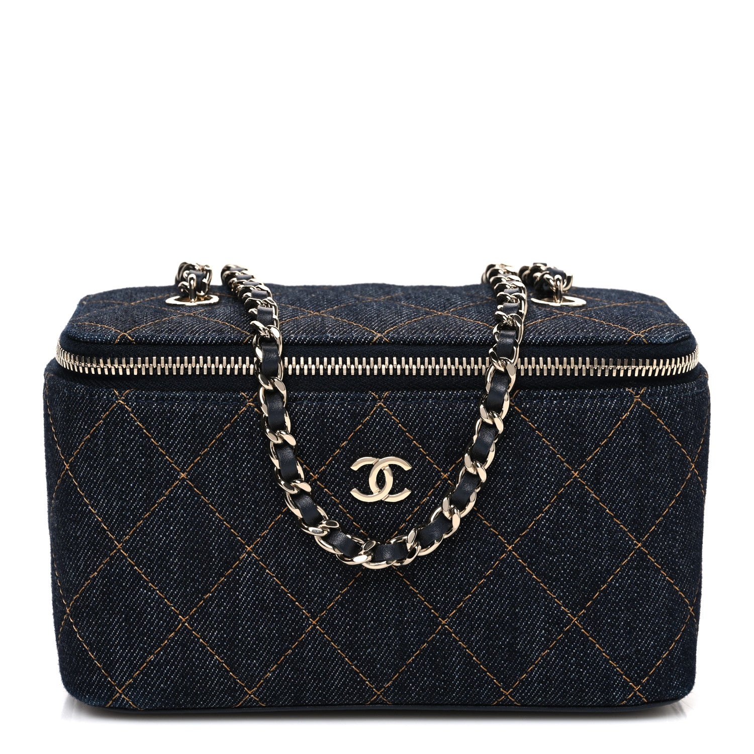 Chanel Denim Quilted Small Vanity Case With Chain Dark Blue Orange 1 of 10