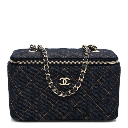 Chanel Denim Quilted Small Vanity Case With Chain Dark Blue Orange 1 of 10