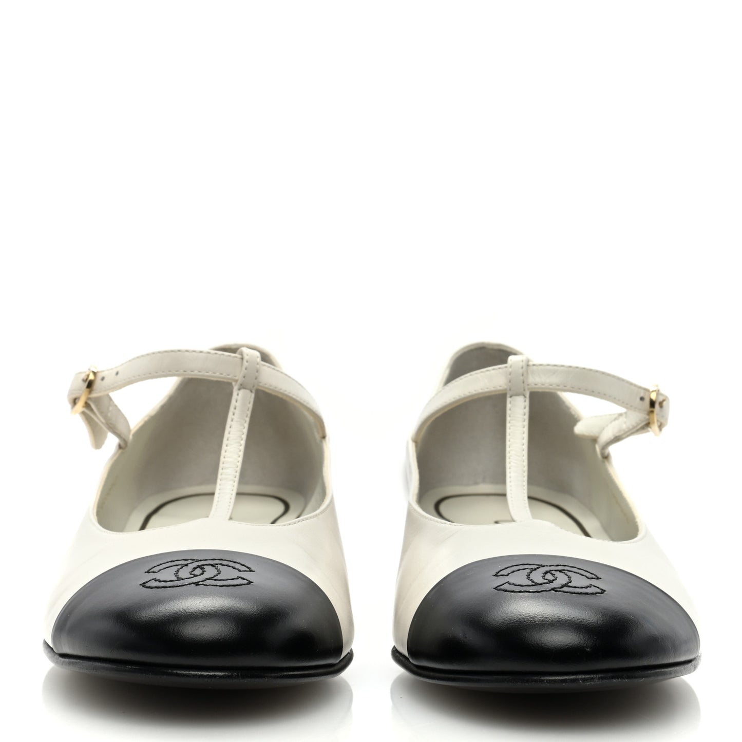 Calfskin Cap Toe T Strap CC Flats 39.5 Ivory Black