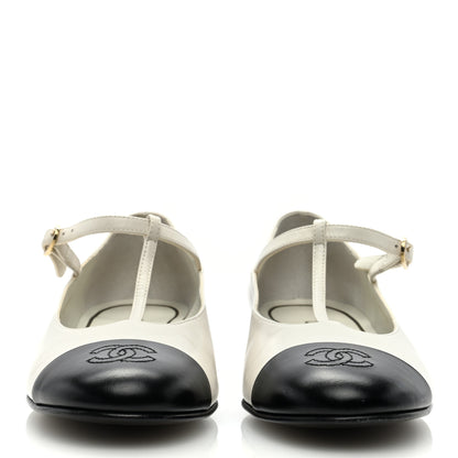 Chanel Calfskin Cap Toe T Strap CC Flats 39.5 Ivory Black 3 of 8