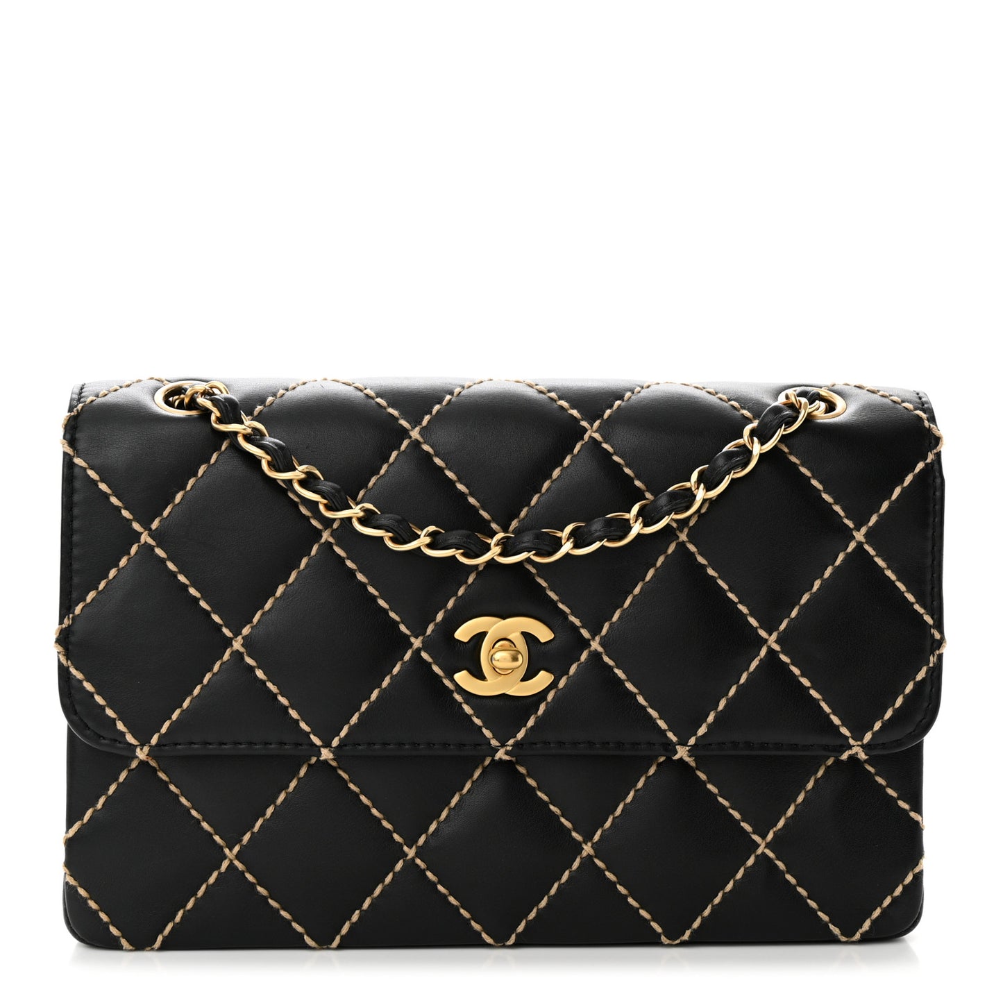 Calfskin Quilted Contrast Stitch Medium Flap Black