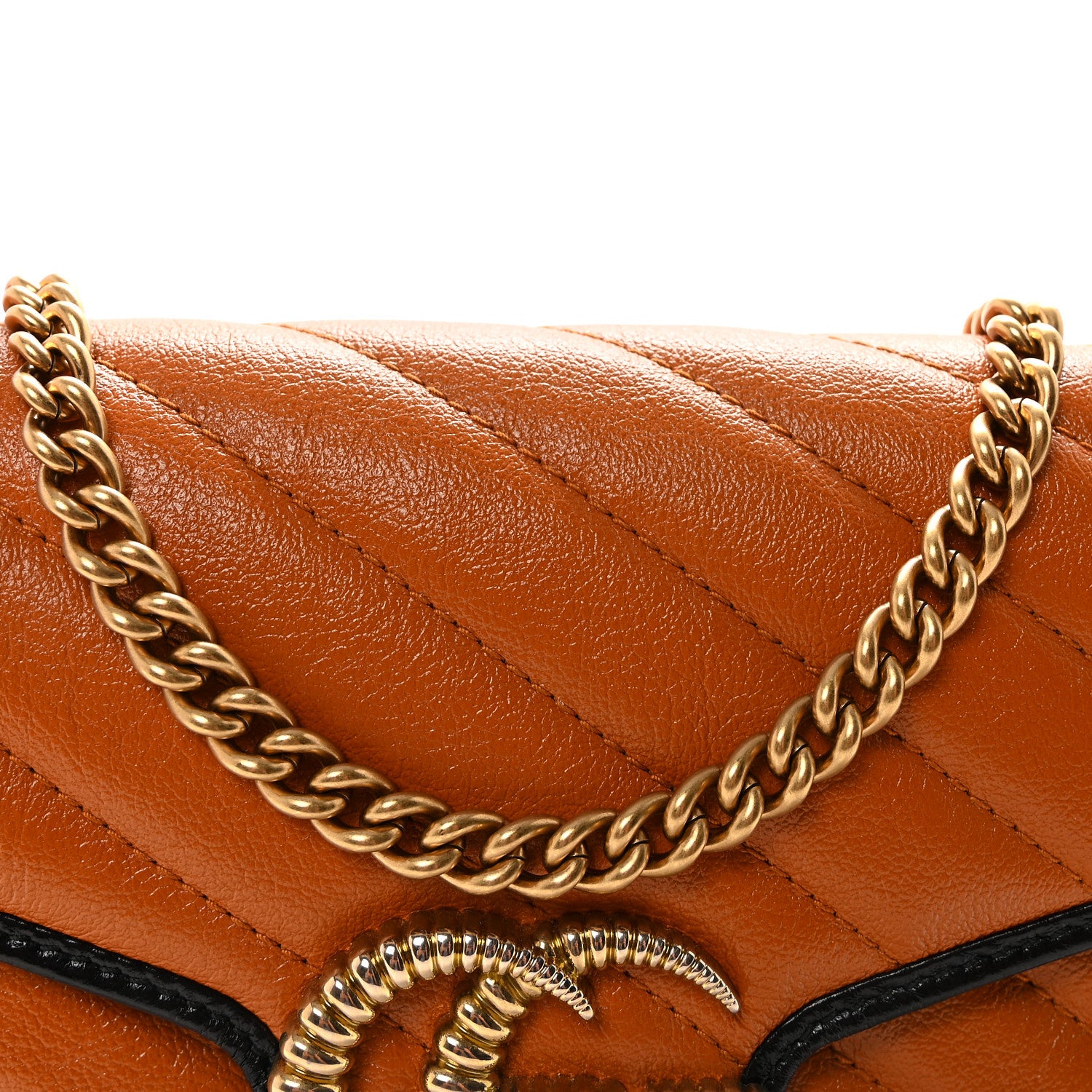 Gucci Vintage Effect Calfskin Matelasse Diagonal Torchon GG Marmont Chain Wallet Cognac 8 of 10
