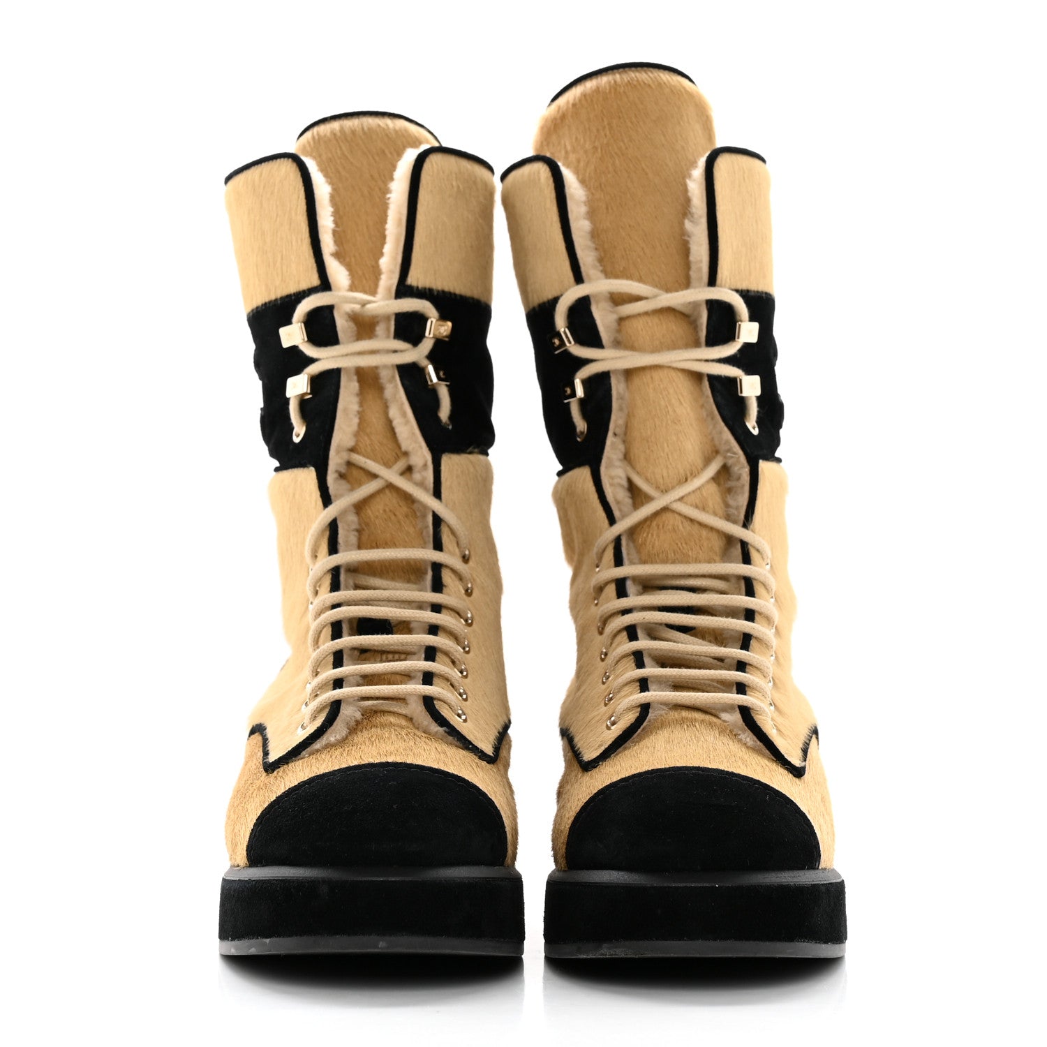 Chanel Suede Pony Hair Shearling Lace Up Combat Boots 40 Beige Black 2 of 15