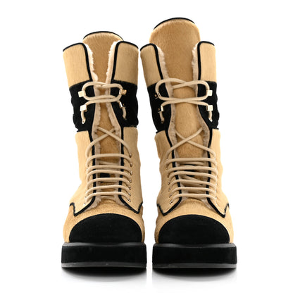 Chanel Suede Pony Hair Shearling Lace Up Combat Boots 40 Beige Black 2 of 15