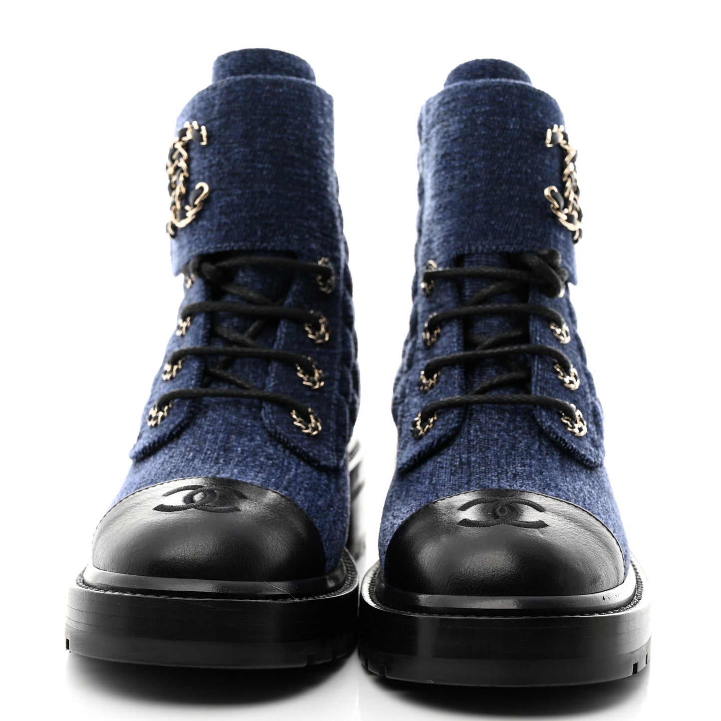 Shiny Calfskin Velvet Quilted Lace Up Combat Boots 38 Blue Black