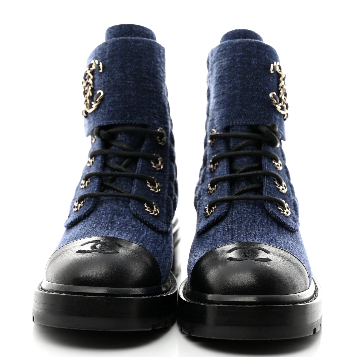 Chanel Shiny Calfskin Velvet Quilted Lace Up Combat Boots 38 Blue Black 2 of 8