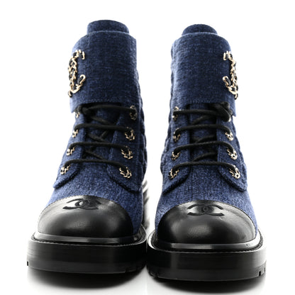Chanel Shiny Calfskin Velvet Quilted Lace Up Combat Boots 38 Blue Black 2 of 8