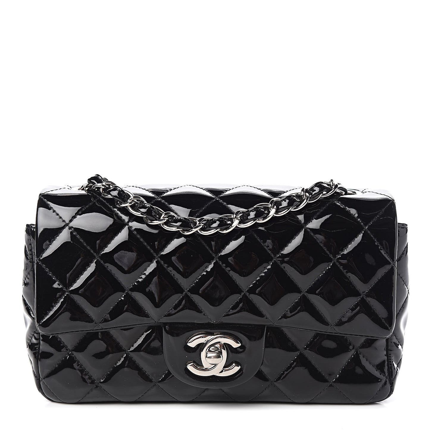 Patent Calfskin Quilted Mini Rectangular Flap Black
