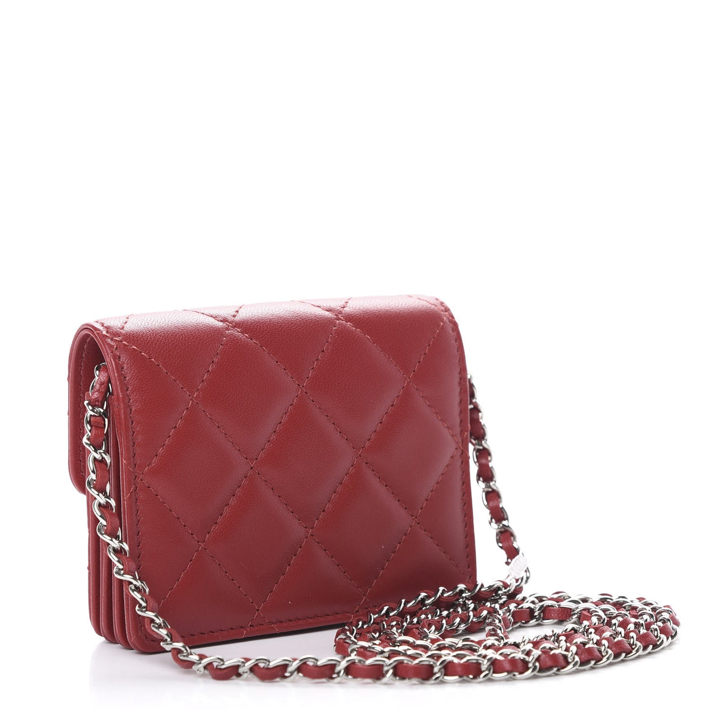 Lambskin Quilted Flap Card Holder On Chain Dark Red