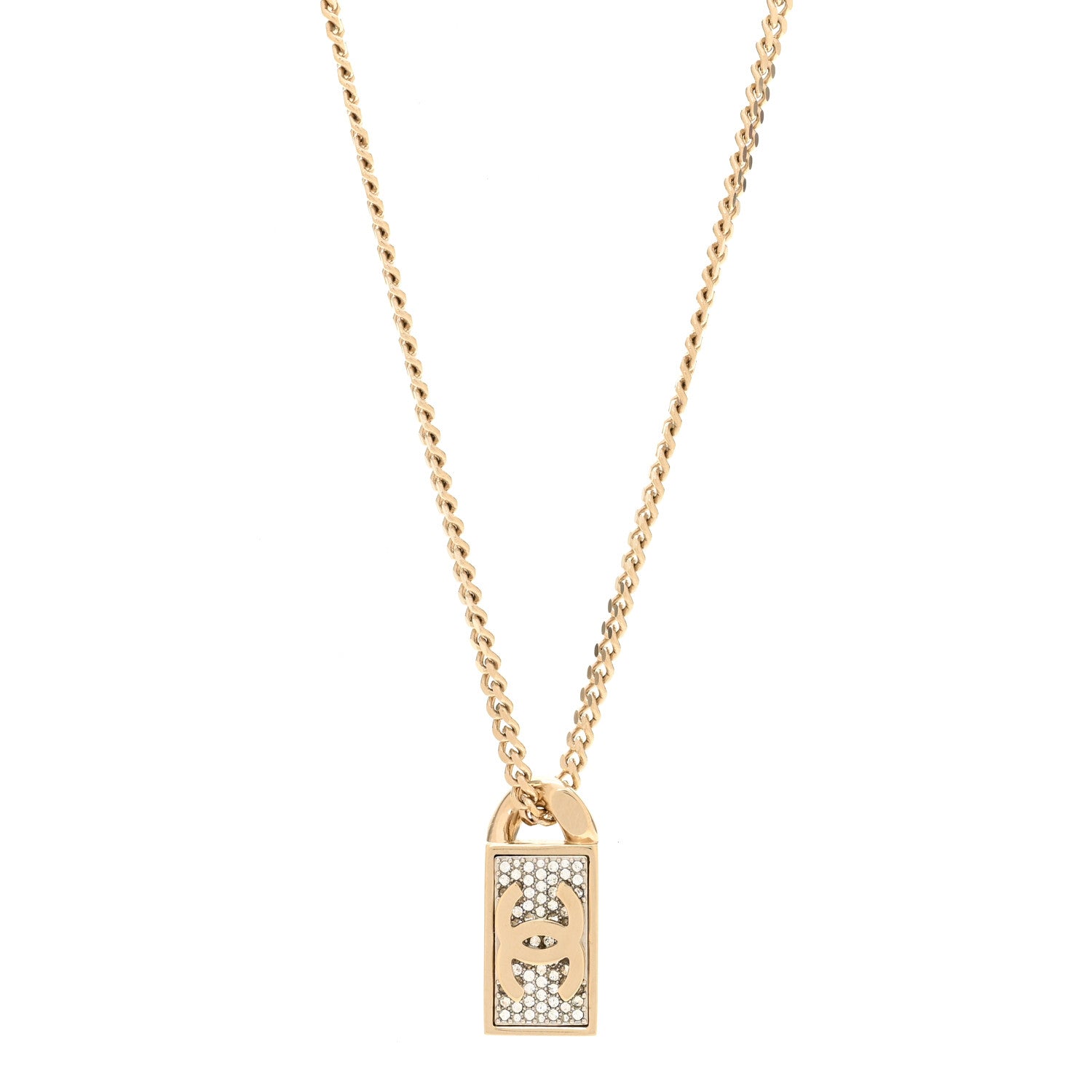 Chanel Crystal Dog Tag Charm Necklace Gold 4 of 6
