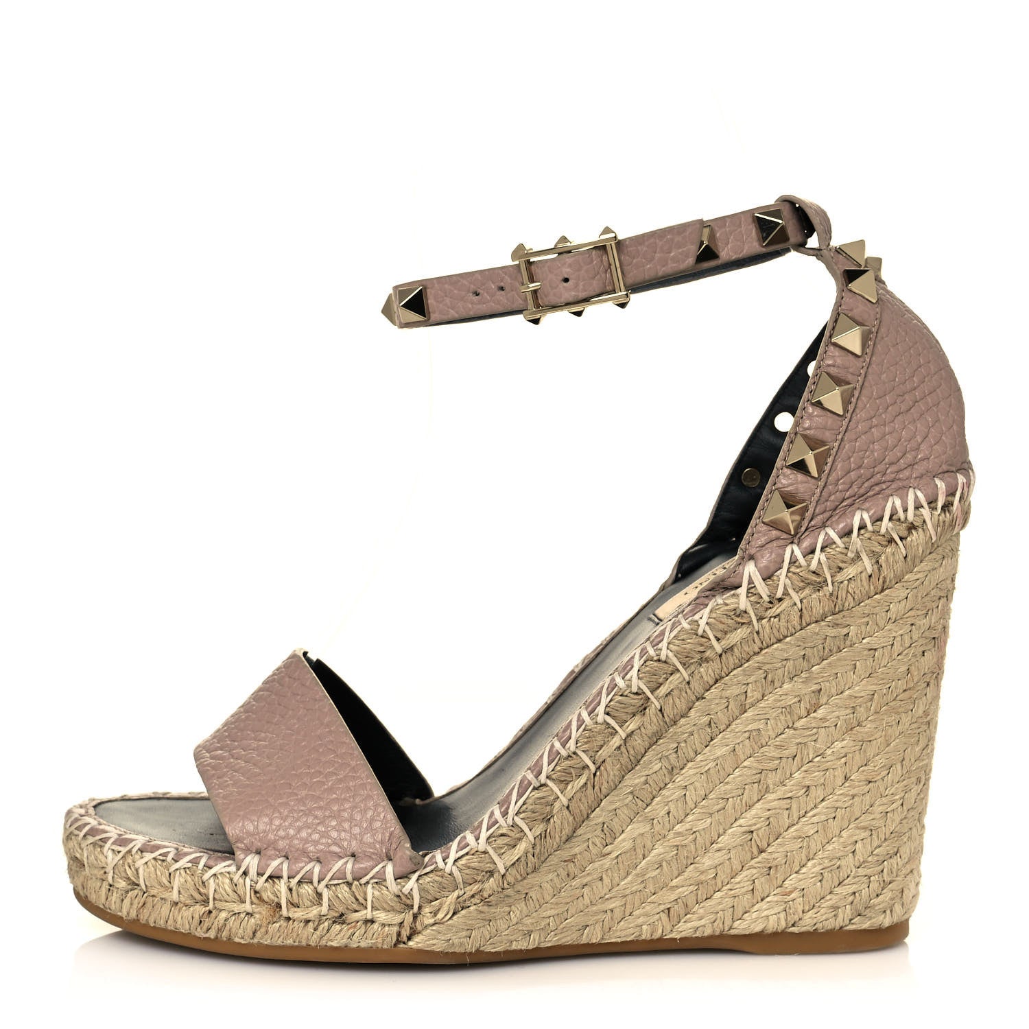 Valentino Garavani Grained Calfskin Rockstud Ankle Strap Espadrille 15/105mm Wedge Sandals 35 Poudre Natural 1 of 8