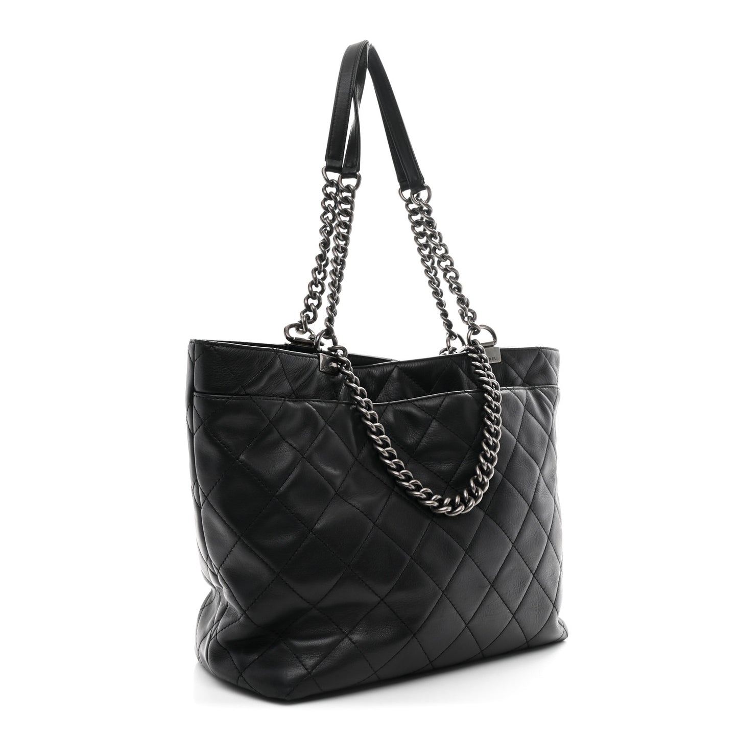 Calfskin Quilted Large Shopping In Chains Tote Black